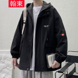 翰束外套男春秋季男士假两件连帽冲锋工装夹克学生情侣宽松棉衣服男 303-黑色 XL 【125-150斤】