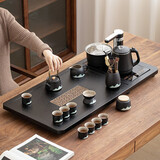 忘艺 黑陶功夫茶具套装家用整套茶具月牙茶盘陶瓷茶杯茶壶茶台四合一 古窗茶盘+千里江山茶具套装