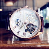 艾浪镂空双飞轮手表男士全自动机械表时尚潮流夜光防水瑞士品质腕表 棕皮带玫金白面