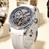 马克华菲（FAIRWHALE）国潮手表男士镂空飞轮全自动机械表时尚夜光防水男表瑞士品质腕表 钢盘蓝白胶带