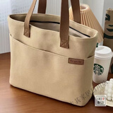 学生上课单肩包简约大容量帆布包女百搭通勤文艺托特包手提布袋包 卡其色【双层带内衬+拉链+前袋磁