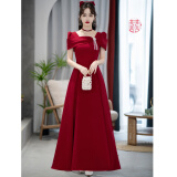 茗瑾萱酒红色小个子结婚敬酒服新娘夏季订婚裙法式高端晚礼服平时可穿女 酒红色长款 XL