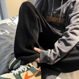 加绒加厚灯芯绒裤子男22秋冬季新款港风ins潮流垂感直筒裤青少年学生宽松百搭阔腿裤复古休闲裤 魄克 黑色 XL