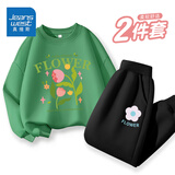 真维斯女童卫衣薄款套装2026新款儿童秋季圆领上衣休闲卫裤中大童童装潮 【薄款套装】草绿（花）黑（花） 160