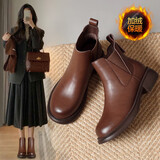 ZHR短靴女秋冬复古真牛皮通勤女靴舒适加绒切尔西靴 EH18A 棕色 35 