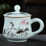 上官大人陶瓷杯茶杯水杯杯子带盖景德镇青瓷办公杯茶具山水中式仿古复古 翠鸟莲香 300ml