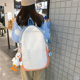 睿昂 韩版学院风初中生高中生大学生女生书包女原宿风双肩背包电脑包 白拼桔 带开心鸭挂件