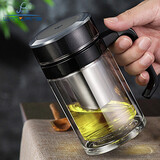 万象双层手柄玻璃杯男女士大容量加厚带盖滤网茶水分离杯礼盒送礼商务休闲家用办公室喝水泡茶水杯V221L 青灰色-双层360ml-礼盒装