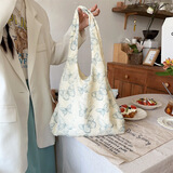 巧丂2025七夕慵懒风帆布包蕾丝蝴蝶学生上课背心包手拎袋大容量单肩包 青色