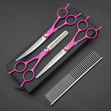 谷崎 宠物美容剪刀 狗狗毛工具套装7英寸修毛剪弯剪子泰迪猫狗宠物剪 #玫红直剪+翘剪+牙剪+钢梳+包