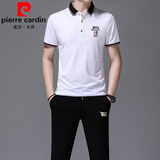 皮尔卡丹（pierre cardin）品牌男装短袖T恤套装欧货刺绣纯棉T恤衫长裤运动休闲两件套 536白色套装 175码