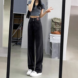 佐马仕牛仔裤女春秋季新款2025高腰宽松阔腿裤女直筒裤复古女休闲裤 黑灰色【长裤】 S （90-99斤）