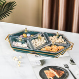 正兴阳欧式陶瓷水果盘客厅创意现代家用干果盘茶点心架玻璃蛋糕盘子糖果盘分格干果收纳盒茶几零食收纳盒 菱形五格拼盘配盖（墨绿）