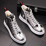 YDL.LAORT偏大 新款高帮板鞋男士春款 男潮鞋 休闲马丁鞋大学生亮面漆皮 银色增高版 41