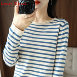 LOVER RUCCI法国纯棉秋冬季新款圆领条纹卷边针织衫女纯棉线长袖t恤宽松打底 米蓝色 L