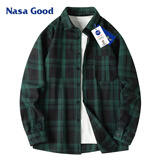 NASA GOOD长袖衬衫男春季百搭潮流格子上衣时尚休闲打底衫男装外套 绿XL