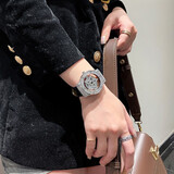 时来运转手表满天星镶钻旋转大表盘抖音网红同款五芒星虫洞概念手表男士潮流雪花女神女表 五芒星银壳黑皮