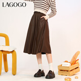 lagogo拉谷谷气质美拉德皮裙2023冬新款女高腰黑色百搭A字半身裙 咖啡色(U1) M 160/38