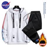 NASA BASE官方潮牌联名连帽卫衣男女款秋冬季ins青少年情侣加绒上衣打底衫 8075白色-加绒+2201黑色-加绒裤 XL（建议125-140斤）