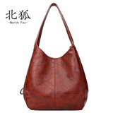 北狐复古真皮托特包简约百搭羊皮单肩手提包多隔层大容量休闲女士斜挎 棕色牛皮