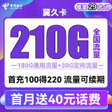 中国电信 手机卡流量卡网卡电话卡校园卡上网卡翼卡5G套餐全国通用不限速畅享星卡 翼久卡29包210G流量长期套餐 送40话费