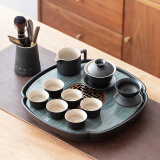 陶尚吟 陶瓷天然石材茶台储排水两用式现代简约家用办公小茶盘功夫茶具 木纹莲花黑陶盖碗小套组