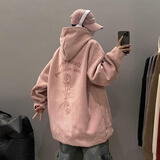 引异仿麂皮绒玫瑰花烧花重磅连帽卫衣男秋冬季休闲美式复古潮牌外套男 粉红色 XL