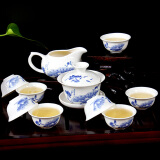 陶瓷功夫茶具套装家用白瓷泡茶器办公室会客青花茶壶盖碗茶杯整套冲茶器 10头功夫茶具【荷塘春色】