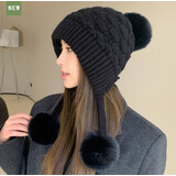 赫僮冬季保暖帽子加厚双层护耳防寒帽子女慵懒风加绒护脸针织帽MZ-52F 黑色 均码