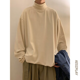 杜小闲 德绒半高领插肩长袖t恤男士春秋季复古保暖重磅卫衣男冬季加绒内搭打底衫外套 HD1318 杏色 L