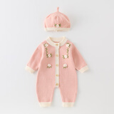 圆圆米米婴儿衣服连体衣春秋装3新生儿外出服4男5女宝宝6冬装洋气满月爬服 XFC8058款连体毛衣粉色 有帽 80cm 6-9个月16-20斤