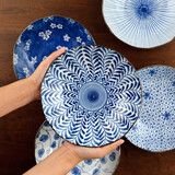 美浓烧 日本原装进口餐具 日式盘子家用釉下彩洗碗机可用8英寸餐盘 蓝绘盘5件套 8英寸