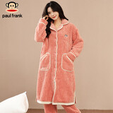 PAUL FRANK大嘴猴纯色情侣睡衣男冬季珊瑚绒加厚长款法兰绒家居服女睡袍套装