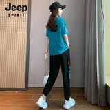 JEEP SPIRIT吉普运动服套装女夏季薄款宽松休闲时尚洋气时髦学生小个子两件棉 长裤套装【蓝色】 XL (110-125斤)