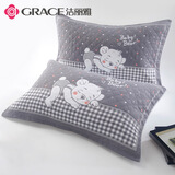 洁丽雅抗菌三层提花透气加大加厚纱布枕巾波点小熊-灰 78*52cm一对装