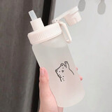 波比熊水杯女带吸管玻璃杯简约清新创意便携刻度韩版个性潮流随手杯子 简约猫500ml+吸管+杯袋+杯刷