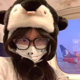 目丸新款可爱企鹅保暖毛绒帽子女冬季加厚防寒护耳雷锋帽骑车滑雪帽男 黑色