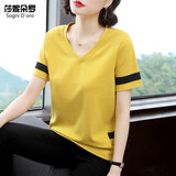 莎妮朵罗大码女装棉T恤女宽松胖mm夏装新品胖子显瘦款百搭V领上衣15799 黄色15799 3XL建议150-160斤穿着