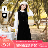 朵以（Duoyi）2023冬季新款法式赫本风丝绒连衣裙拼接蕾丝泡泡袖气质长裙女 黑色 S