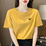 王熙麦女装纯棉短袖t恤女春夏季经典款宽松上衣半袖休闲T恤 姜黄色-小天鹅 L  【105-120斤】