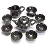 器美优品茶具套装建盏镶鎏银曜变天目釉功夫茶具整套礼品陶瓷茶壶茶杯 拉丝珊瑚茶壶 10件