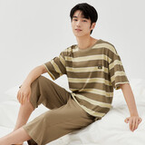 顶瓜瓜睡衣情侣短袖七分裤纯棉条纹家居服套装圆领睡衣 雀灰绿条男 170