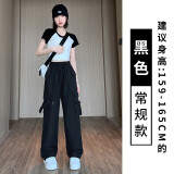 宝娜斯（BONAS）工装裤女2023新款春夏秋季高腰显瘦窄版休闲直筒阔腿美式运动裤子 黑色【常规款】 S码(适合80-95斤)