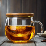 美斯尼 茶杯玻璃茶水分离杯子茶具竹盖带把手加厚耐热男女士玻璃杯 透明把 300毫升