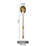 古艾咖啡勺304不锈钢欧式复古陶瓷柄叉子勺子搅拌勺甜品小汤匙调羹 粉色繁花勺
