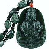 和田玉青玉观音玉吊坠墨玉菩萨挂件 十八罗汉项链男款 附证书 配十八罗汉项链