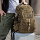 创衿新款复古男士双肩包潮流帆布男背包大容量户外背包休闲旅行背包 卡其色 加固版大号60升