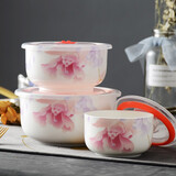 华光国瓷 抗菌骨瓷保鲜碗三件套 保鲜盒釉中彩 一人食泡面碗饭盒带盖 花好月圆