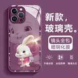 虎克船长 适用苹果14手机壳iPhone14ProMax保护套苹果14pro玻璃后壳可爱超薄防摔镜头全包高级感男女款网红 苹果14ProMax【梅子色-夹克背包兔】贈钢化膜