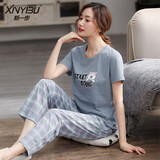新一步（XINYIBU）纯棉睡衣女士夏季短袖长裤宽松休闲圆领舒适可外穿家居服套装 1425复古蓝 2XL 建议170-175cm，130-145斤